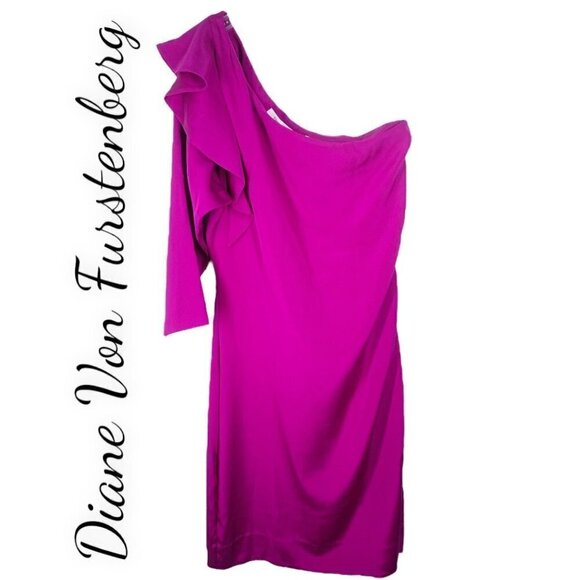 DIANE VON FURSTENBERG Cobb Magenta Pink One Shoulder Silk Mini Cocktail Dress, 8 - Picture 3 of 9